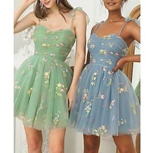 A-Line Homecoming Dresses Floral Dress Party Wear Short  Mini Sleeveless Spaghetti Strap Tulle with Embroidery 2023 Lightinthebox