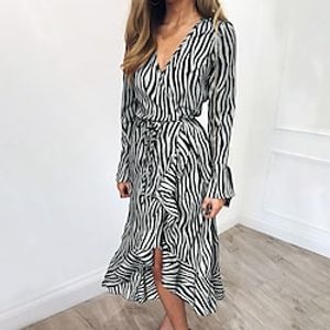 Women's Shift Dress Midi Dress Gray Long Sleeve Striped Chiffon Ruffle Print Spring Summer V Neck Work Elegant 2022 S M L XL Lightinthebox