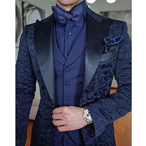 Dark Blue Men's Prom Wedding Party Tuxedos 3 Piece Peak Floral Jacquard Tailored Fit Single Breasted One-button 2023 Lightinthebox