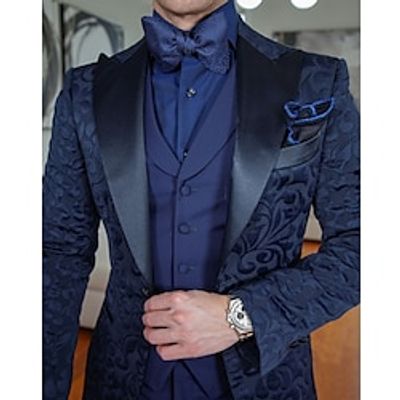 Dark Blue Men's Prom Wedding Party Tuxedos 3 Piece Peak Floral Jacquard Tailored Fit Single Breasted One-button 2023 Lightinthebox