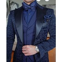 Dark Blue Men's Prom Wedding Party Tuxedos 3 Piece Peak Floral Jacquard Tailored Fit Single Breasted One-button 2023 Lightinthebox - thumbnail