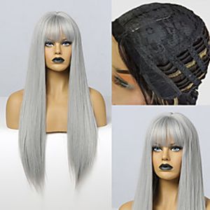 Synthetic Wig kinky Straight Natural Straight With Bangs Wig 30 inch Silver grey Synthetic Hair 30 inch Women's Fashionable Design Silky Natural Silver miniinthebox