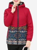 Vintage Women Printed Hooded Zipper Coat