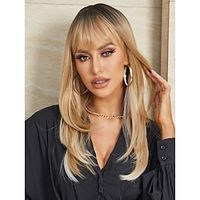Synthetic Wig kinky Straight Natural Straight Layered Haircut Neat Bang Machine Made Wig 22 inch Black / Gold Synthetic Hair Women's Mixed Color Christmas Party Wigs miniinthebox - thumbnail