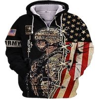Men's Full Zip Hoodie Jacket Black Hooded Graphic Prints National Flag Zipper Print Sports  Outdoor Daily Sports 3D Print Streetwear Designer Casual Spring   Fall Clothing Apparel Soldiers Hoodies Lightinthebox