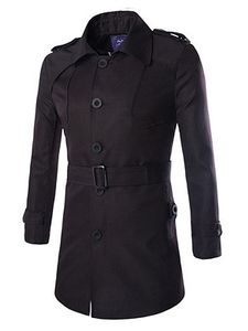 Lapel Solid Single Breasted Belt Men Trench Coat