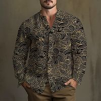 Waves Vintage Men's Shirt Linen Shirt Daily Wear Going out Weekend Fall  Winter Standing Collar Long Sleeve Black, Yellow, Brown S, M, L Slub Fabric Shirt Lightinthebox - thumbnail