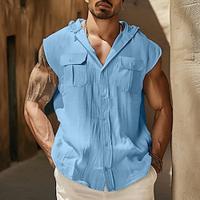 Men's Shirt Linen Shirt Summer Shirt Beach Shirt Green Khaki Light Sky Blue Sleeveless Solid Color Hooded Summer Casual Daily Clothing Apparel Lightinthebox