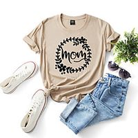 Women's T shirt Text Print Round Neck Tops Cotton Basic Basic Top White Khaki Light Blue miniinthebox - thumbnail