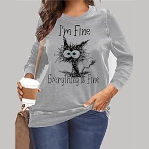 Women's Plus Size Tops Pullover Sweatshirt Cat Letter Print Long Sleeve Crewneck Streetwear Daily Vacation Microfiber Fall Spring Blue Gray miniinthebox