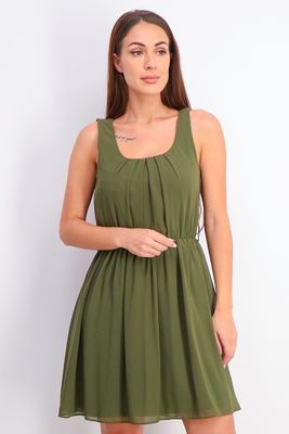 Womens Sleeveless Scoop Neck Fit & Flare Dress  Olive