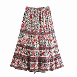 Women's Holiday Date Vintage Boho Skirts Floral Graphic Ruffle Print Red miniinthebox
