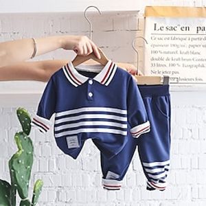Kids Boys T-shirt  Pants Clothing Set 2 Pieces Long Sleeve Navy Blue Grey Stripe Vacation Fashion Daily 1-5 Years miniinthebox