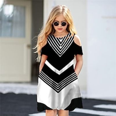 Kids Little Girls' Dress Striped Geometric A Line Dress Daily Holiday Vacation Print Black Above Knee Short Sleeve Casual Cute Sweet Dresses Spring Summer Regular Fit 3-12 Years Lightinthebox