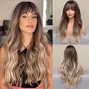 Ash Blonde Wig with Bangs Long Ombre Brown to Blonde Curly Wigs for Women Natural Synthetic Wig for Daily Use Lightinthebox