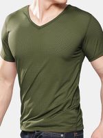 Mens Summer Ice Silk V-neck Short Sleeve Fitness Sports T-shirts Breathable Mesh Slim Fit Tops