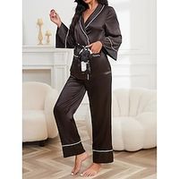 Women's Pajamas Sets Pure Color Casual Comfort Home Bed Satin Breathable Lapel Long Sleeve Shirt Pant Fall Winter Purple black Lightinthebox - thumbnail