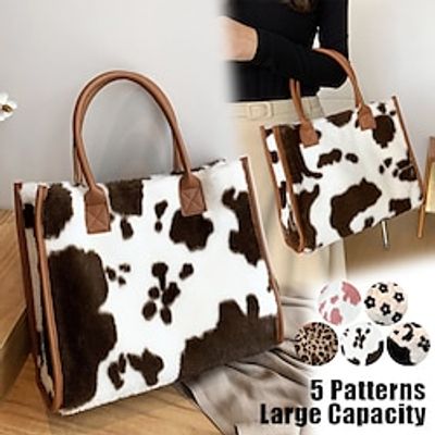 Women's Handbag Tote Fluffy Bag Faux Fur Shopping Daily Holiday Large Capacity Leopard Cow Print Leopard Print Black and white flowers black and white cow pattern Lightinthebox
