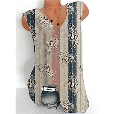 Women's Plus Size Tops Tank Top Floral Striped Zipper Print Sleeveless V Neck Streetwear Daily Holiday Cotton Spandex Jersey Spring Summer khaki miniinthebox