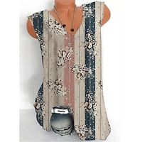 Women's Plus Size Tops Tank Top Floral Striped Zipper Print Sleeveless V Neck Streetwear Daily Holiday Cotton Spandex Jersey Spring Summer khaki miniinthebox - thumbnail