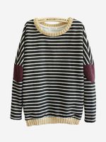 Women Patchwork Long Sleeve Fleece Inside Stripe Cotton Sweatshirt