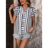 Women's Shirt Blouse Striped Daily Vacation Ruffle Print Blue Short Sleeve Casual V Neck Summer Lightinthebox