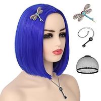 Coraline Wig Costume Necklace Blue Bob Wigs for Women Girls Short Straight Colored Wig with Bangs for Theme Costume Party Halloween miniinthebox