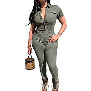 Women's Active Casual bodycon Street Sport Daily Sporty Look Green Jumpsuit Solid Color Button miniinthebox