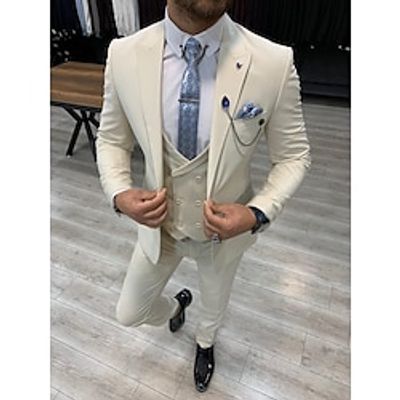 White Cream Men's Wedding Suits Solid Colored 3 Piece Daily Business Casual Standard Fit Single Breasted One-button 2024 Lightinthebox