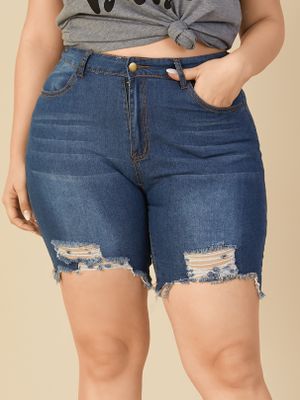 Plus Size Random Ripped Side Pockets Button Design Denim Shorts Plus Size Random Ripped Side Pockets Button Design Denim Shorts