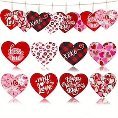 24pcs Wooden Valentine's Day Red Love Lips Retro Style Red and Black Plaid Hanging Decoration Pendant for Outdoor Festival Party Gift (with Rope) Lightinthebox