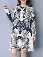 Folk Style Print Frog Button Long Sleeve Stand Collar Women Dresses