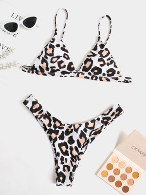 Leopard Backless Design Adjustable Shoulder Straps Bikini Set Leopard Backless Design Adjustable Shoulder Straps Bikini Set