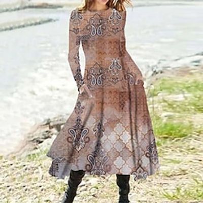 Women's Casual Dress A Line Dress Midi Dress Black Khaki Light gray Long Sleeve Floral Pocket Print Fall Winter Round Neck Casual Vacation Vintage 2022 S M L XL XXL 3XL miniinthebox