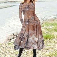 Women's Casual Dress A Line Dress Midi Dress Black Khaki Light gray Long Sleeve Floral Pocket Print Fall Winter Round Neck Casual Vacation Vintage 2022 S M L XL XXL 3XL miniinthebox - thumbnail