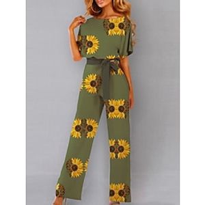 Women's Jumpsuit Drawstring Print Floral Crew Neck Holiday Vacation Going out Straight Loose Fit Short Sleeve T-shirt Sleeve Green S M L Summer Lightinthebox