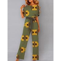 Women's Jumpsuit Drawstring Print Floral Crew Neck Holiday Vacation Going out Straight Loose Fit Short Sleeve T-shirt Sleeve Green S M L Summer Lightinthebox - thumbnail