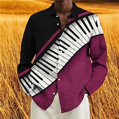 Men's Shirt Pano Keys Turndown Purple 3D Print Outdoor Street Long Sleeve Button-Down Print Clothing Apparel Fashion Designer Casual Breathable miniinthebox