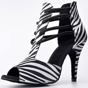 Women's Latin Shoes Indoor Performance Pattern  Print Heel Stripe High Heel Peep Toe Elastic Band Adults' Black-white  Satin Lightinthebox