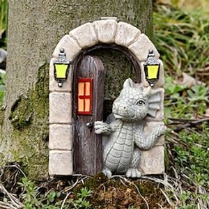 Dragon Garden Ornament Resin Craft Ornament Statue Fairy door for wall Fairy door Yard art outdoor and garden Solar Light Luminous Sand Open Door Dragon Wall Statue Outdoors Decor Lightinthebox