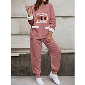 Women's Sweatshirt Tracksuit Pants Sets Fleece Lined Fleece Animal Letter Black Pink Blue Print Drawstring Long Sleeve Outdoor Casual Active Sports Round Neck Regular Fit Fall  Winter Lightinthebox