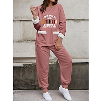 Women's Sweatshirt Tracksuit Pants Sets Fleece Lined Fleece Animal Letter Black Pink Blue Print Drawstring Long Sleeve Outdoor Casual Active Sports Round Neck Regular Fit Fall  Winter Lightinthebox