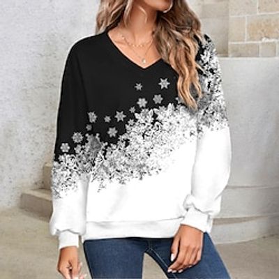 Women's Pullover Christmas Sweatshirt Sportswear Festival Print Black Snowflake Christmas Casual V Neck Long Sleeve Top Micro-elastic Fall  Winter Lightinthebox