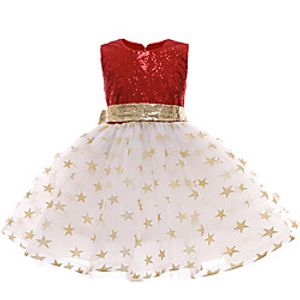 Kids Little Girls' Dress Geometric Sequin Bow Red Beige Midi Sleeveless Princess Cute Dresses Regular Fit Lightinthebox