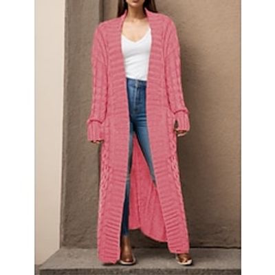 Women's Cardigan V Neck Cable Knit Acrylic Pocket Fall Winter Long Home Daily Holiday Fashion Daily Casual Long Sleeve Solid Color claret Orange red off white S M L Lightinthebox