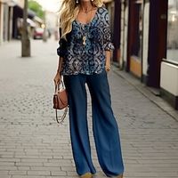 Women's Shirt Pants Sets Red Royal Blue Blue Graphic Print Long Sleeve Casual Daily Fashion Round Neck Regular Fit Spring   Fall miniinthebox - thumbnail