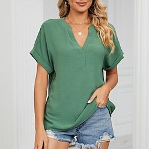 Women's Blouse Chiffon Loose Solid  Plain Color Basic V Neck Roll Sleeves Summer Blue Green Lightinthebox