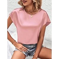Women's Shirt Blouse Satin Plain Pink Short Sleeve Casual Fashion Round Neck Regular Fit Summer Lightinthebox - thumbnail