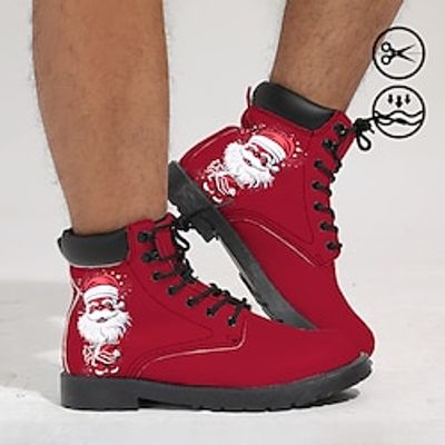Men's Boots Print Shoes Xmas Shoes Combat Boots Casual Boots Casual Outdoor Christmas Xmas Faux Leather PU Comfortable Slip Resistant Mid-Calf Boots Lace-up Black White Red Spring Fall Winter Lightinthebox