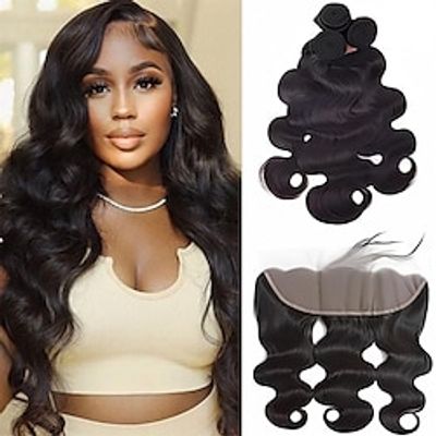 Body Wave Bundles Human Hair With Frontal(16 18 20  14Free Part) 100% Natural Human Hair Extensions 13x4 HD Transparent Lace Frontal With Black Body Wave Weave 3 Bundles Brazilian Real Human Hair Lightinthebox